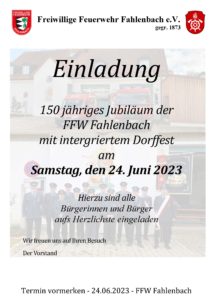 150 jähriges Gründungsfest (mit Dorffest) der FFW Fahlenbach @ Dorfplatz Fahlenbach